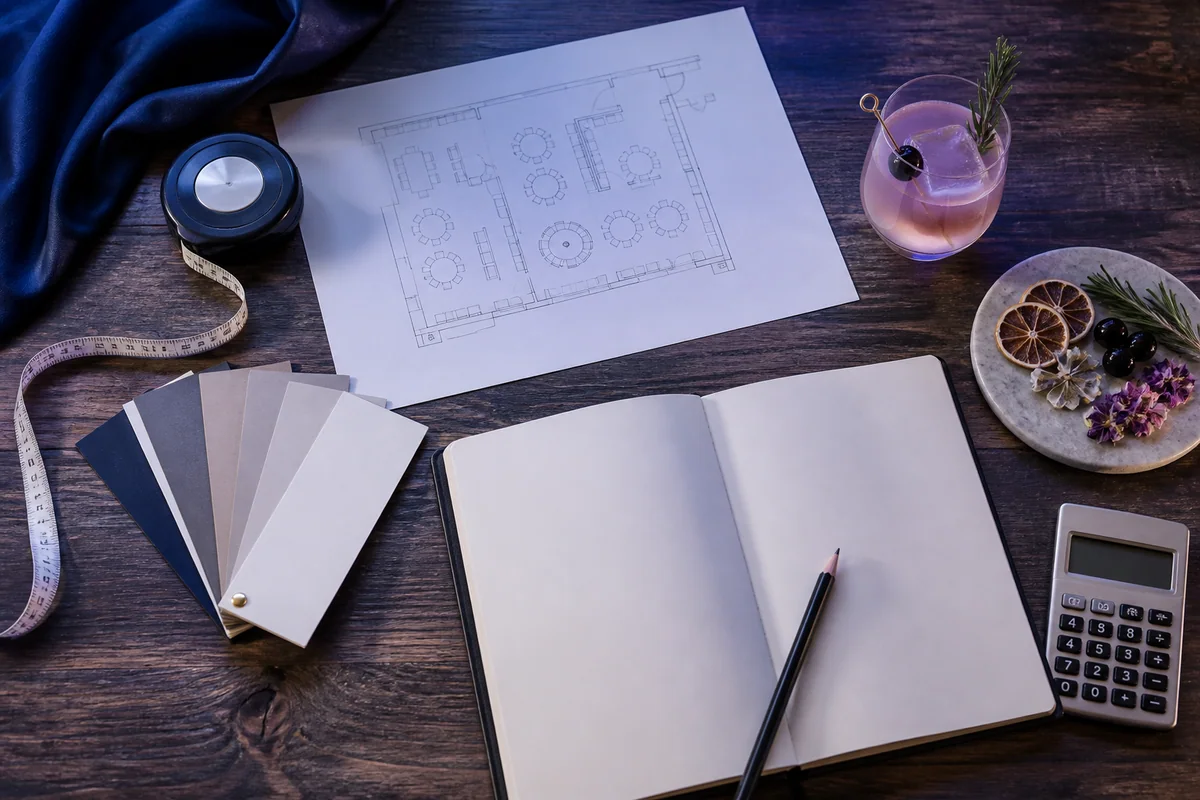 Event planning desk with venue layout, material swatches and a blank notebook