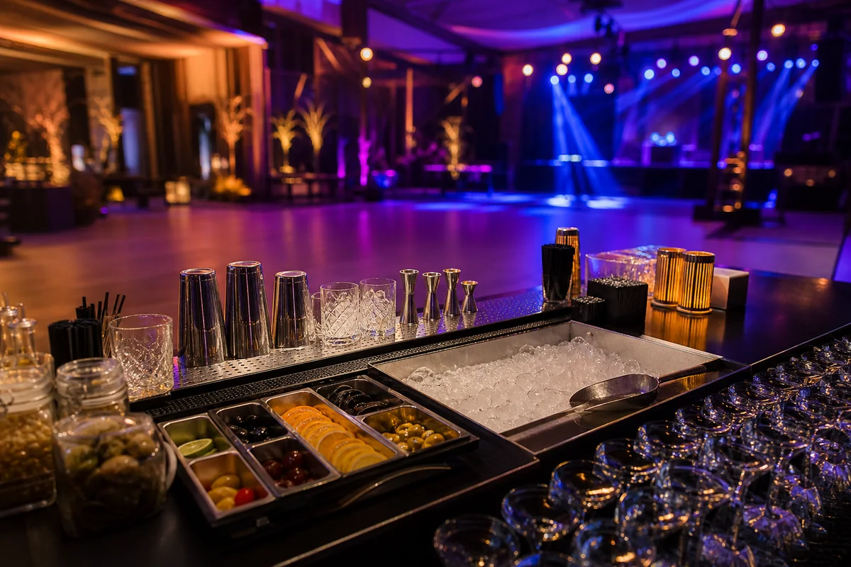 Organised event bar facing an energetic violet and blue dance floor
