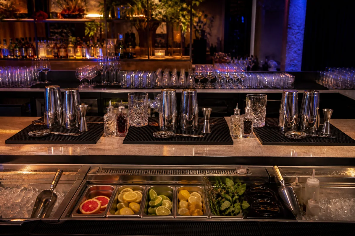 Professional bar stations prepared with tools, glassware and fresh garnishes