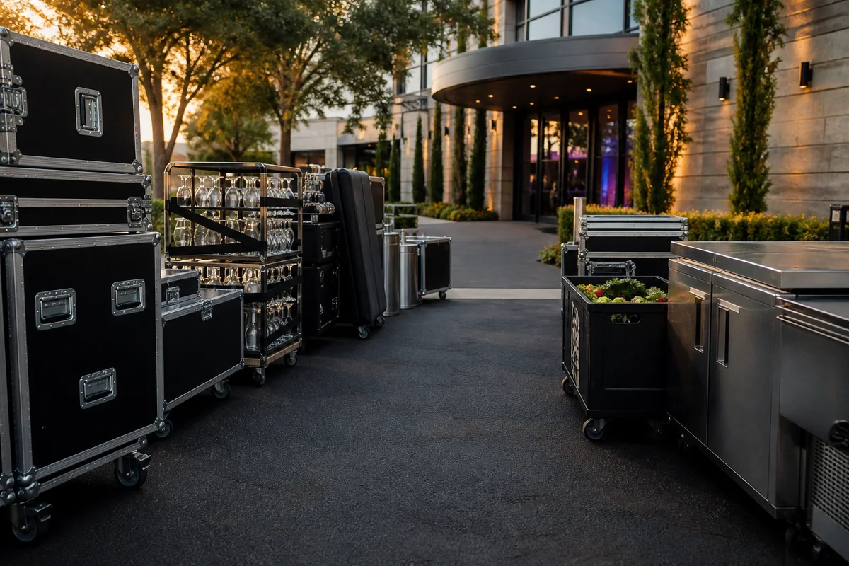 Protected bar equipment and glassware prepared for delivery to an event venue