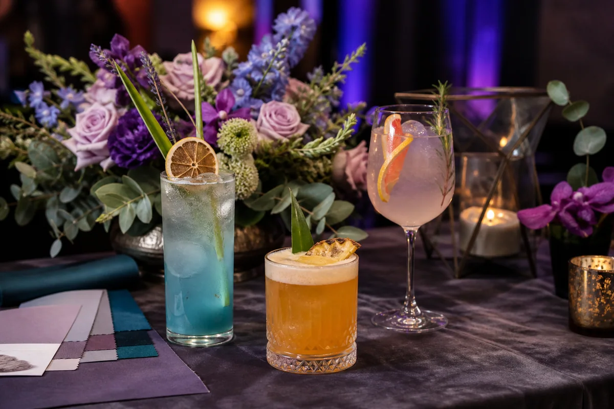 Bespoke drinks, florals and colour samples arranged for a tailored event