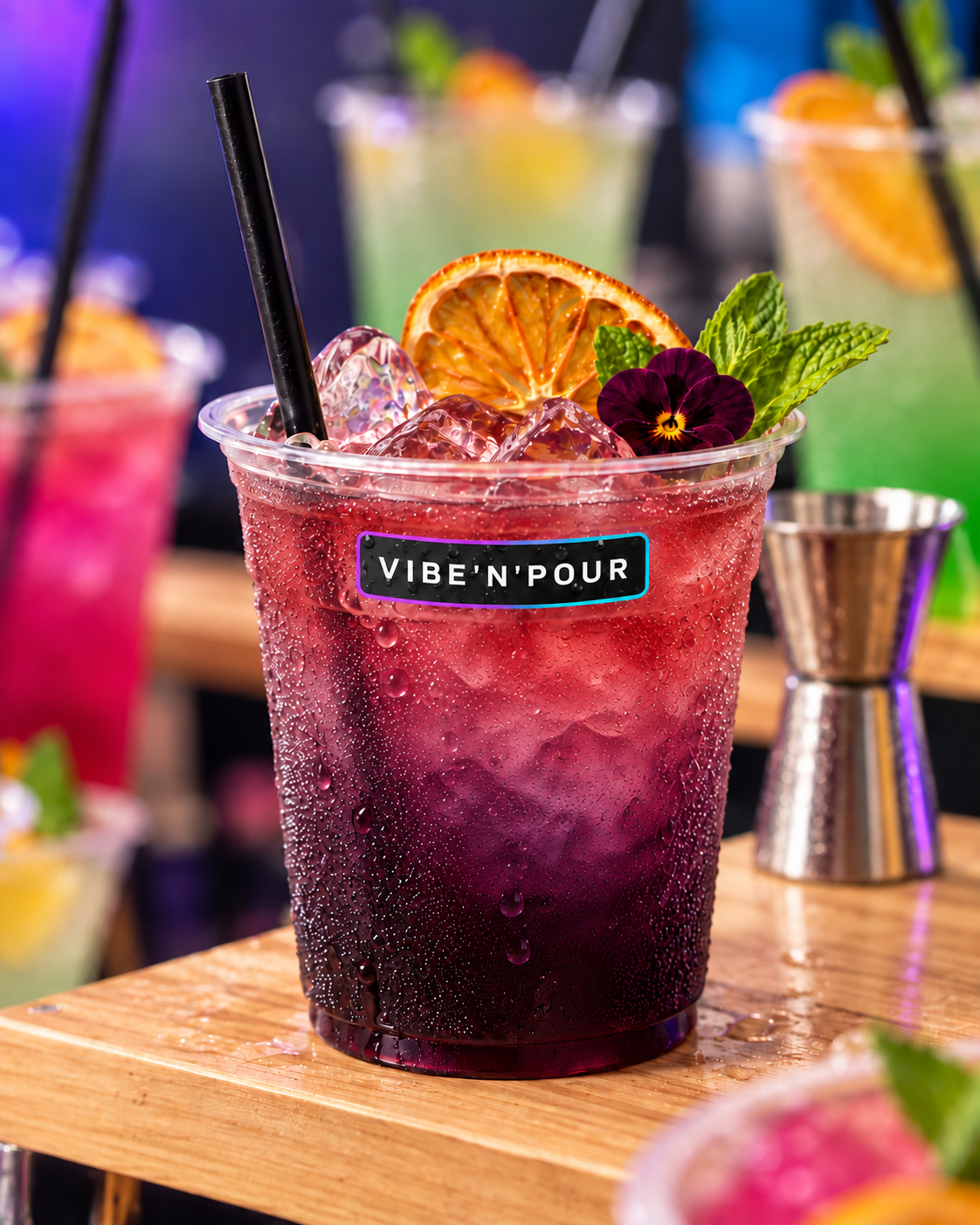 Layered blackberry and cranberry Bespoke cocktail in a branded Vibe'N'Pour cup