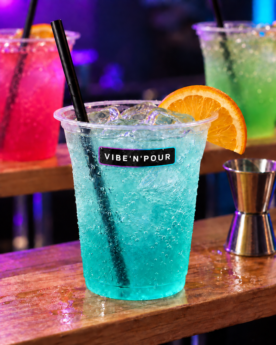 Cyan-blue Essential cocktail in a branded Vibe'N'Pour cup