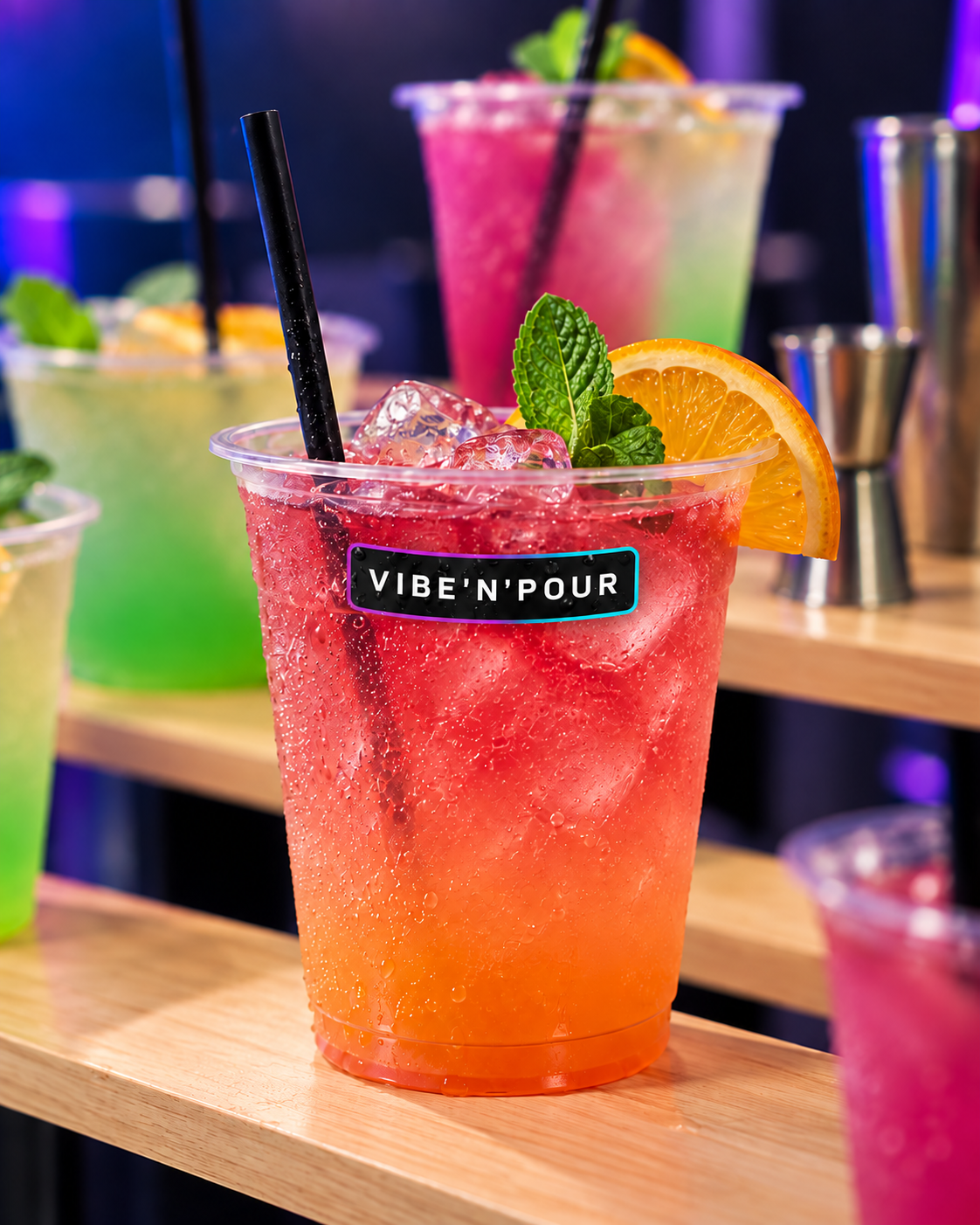 Red-orange Signature cocktail in a branded Vibe'N'Pour cup