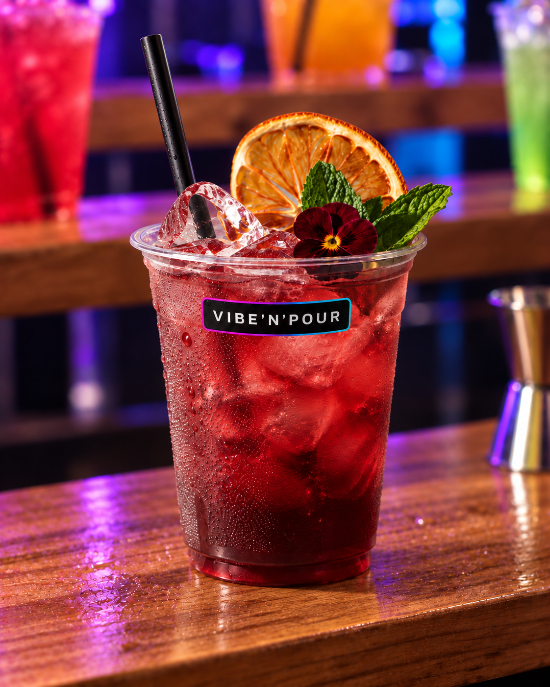 Deep-berry Bespoke mocktail in a branded Vibe'N'Pour cup