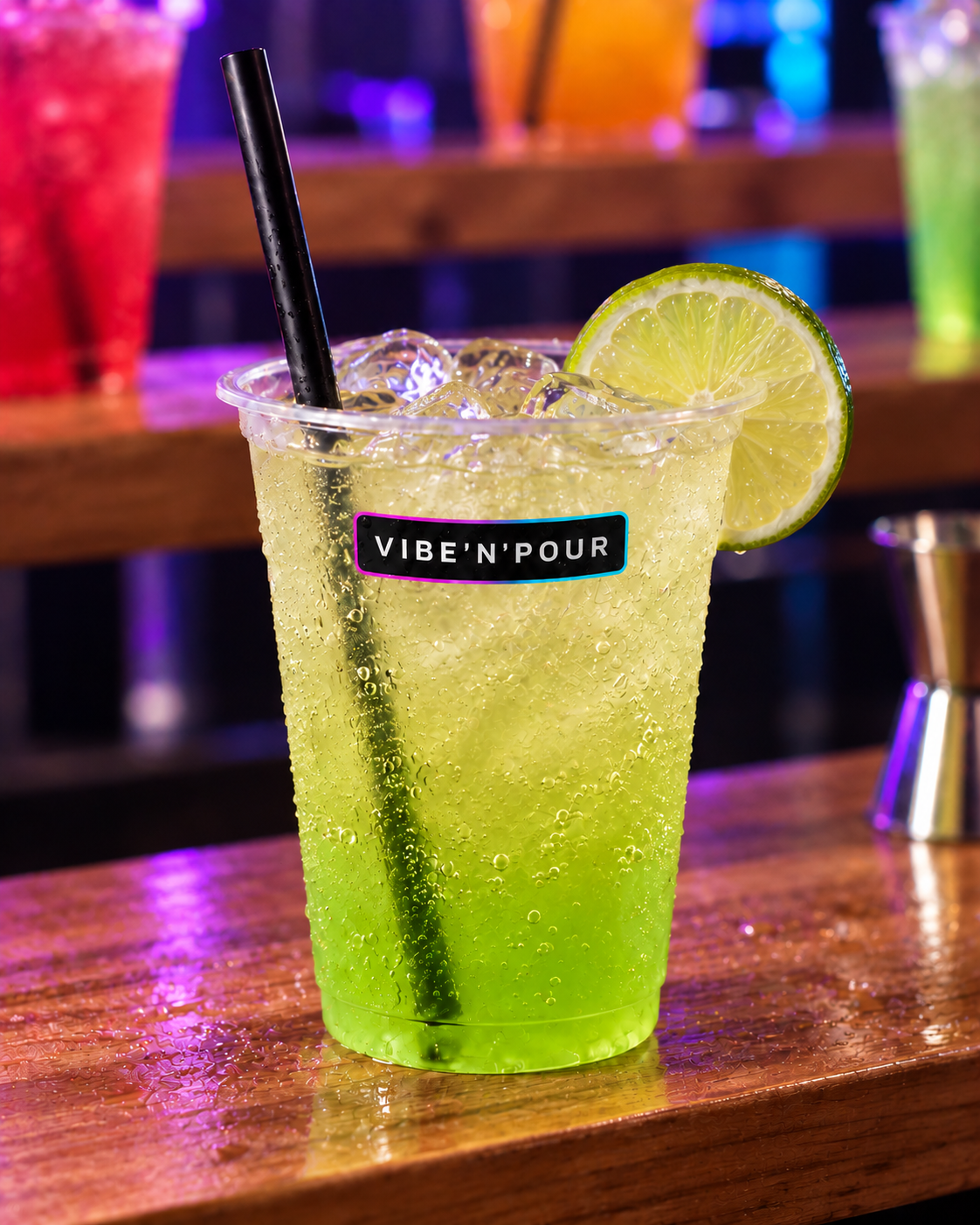 Lime-citrus Essential mocktail in a branded Vibe'N'Pour cup