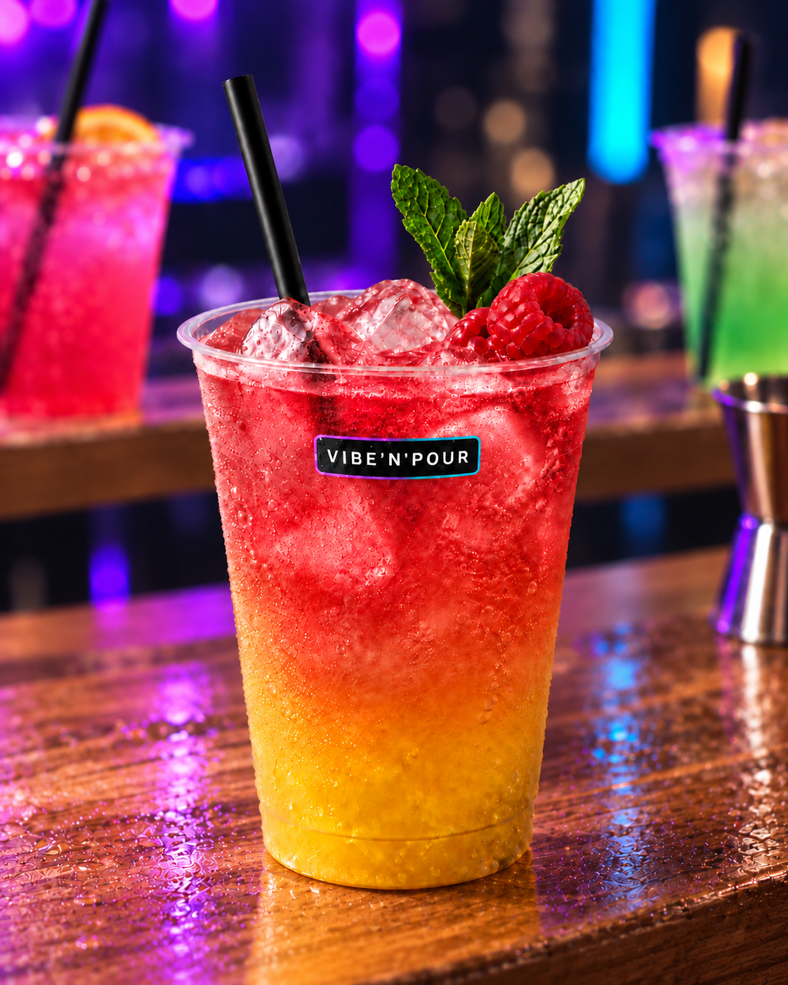 Raspberry-citrus Signature mocktail in a branded Vibe'N'Pour cup