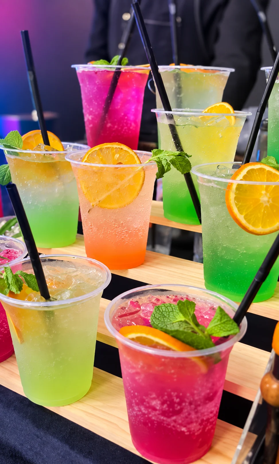 A colourful selection of event drinks with fresh citrus garnishes.