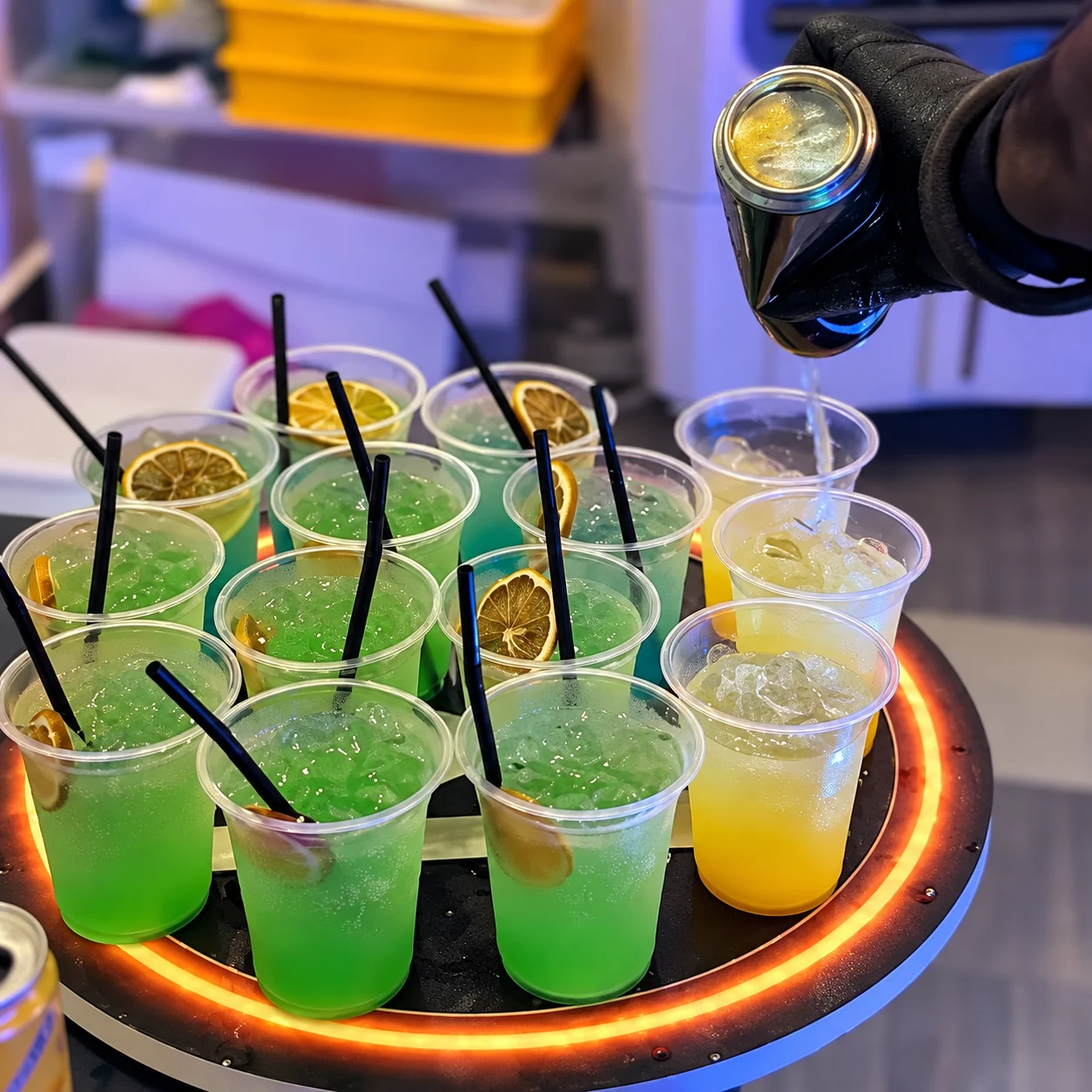 Freshly prepared green and yellow drinks arranged on a serving tray.