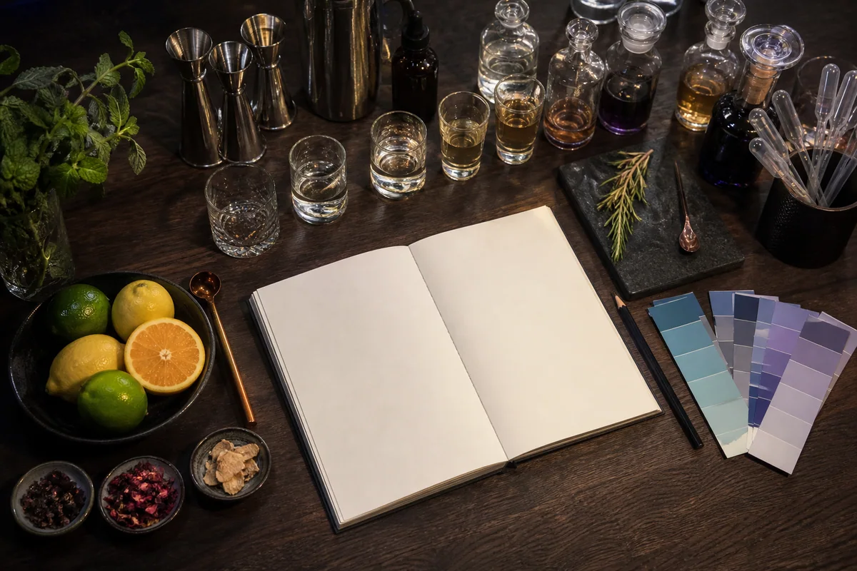 Cocktail consulting workspace with tasting glasses, ingredients and planning tools