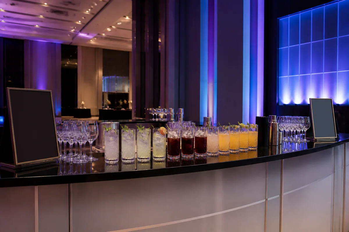 Prepared drinks at a polished blue-lit corporate event bar