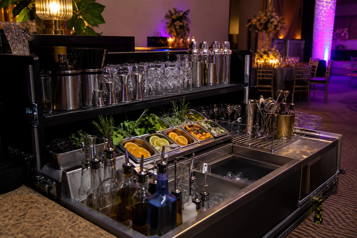 Fully equipped portable event bar with glassware, tools and fresh garnishes