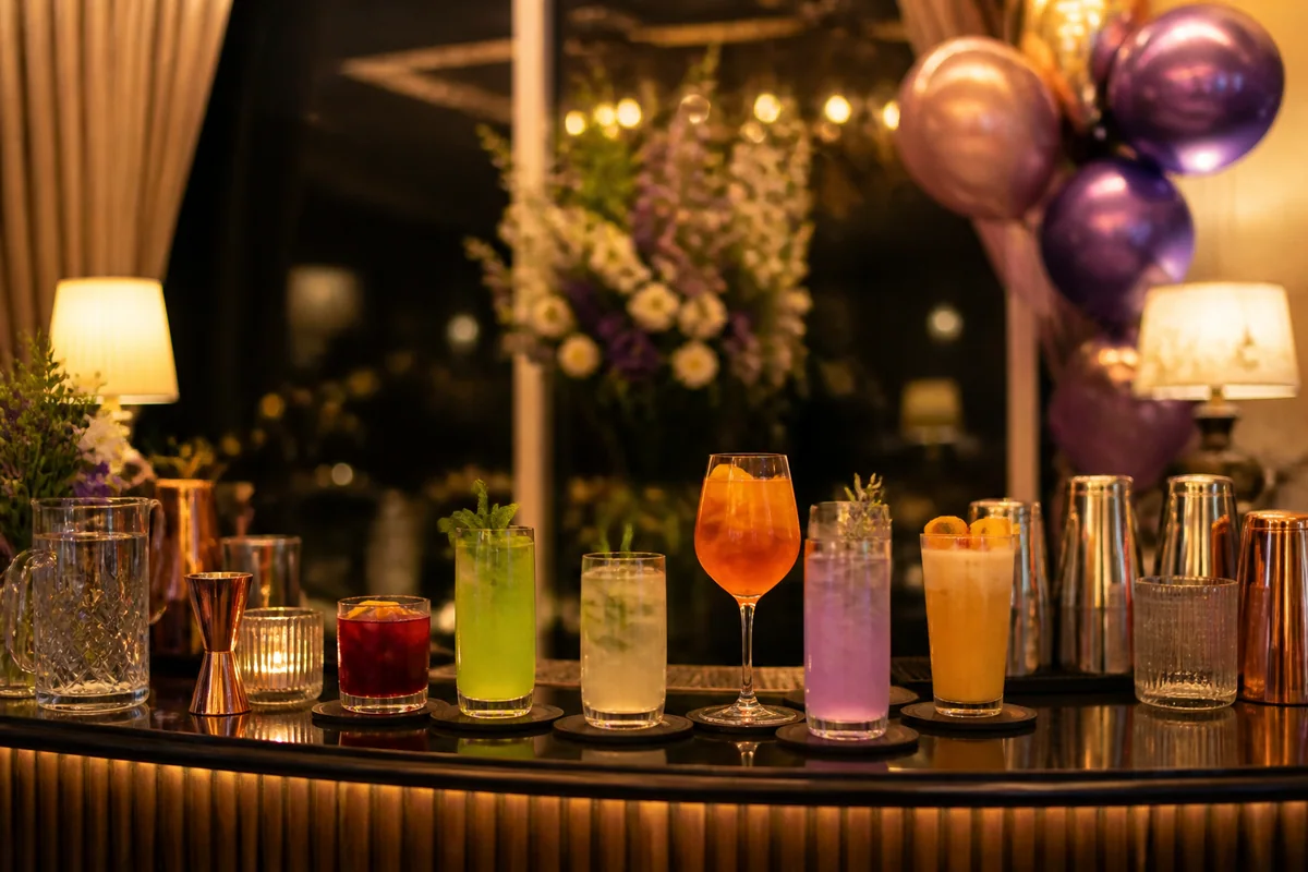 Colourful drinks arranged at a warm private celebration bar