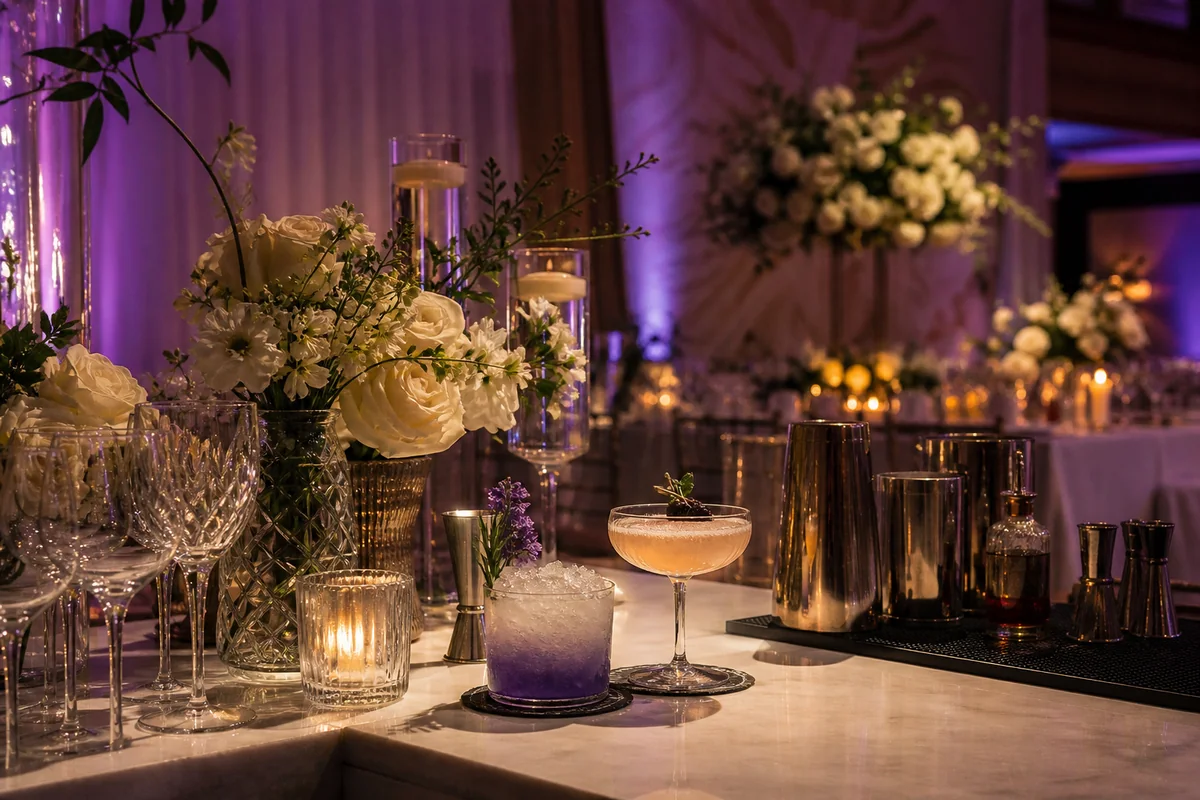 Signature wedding drinks at an elegant flower-lined reception bar